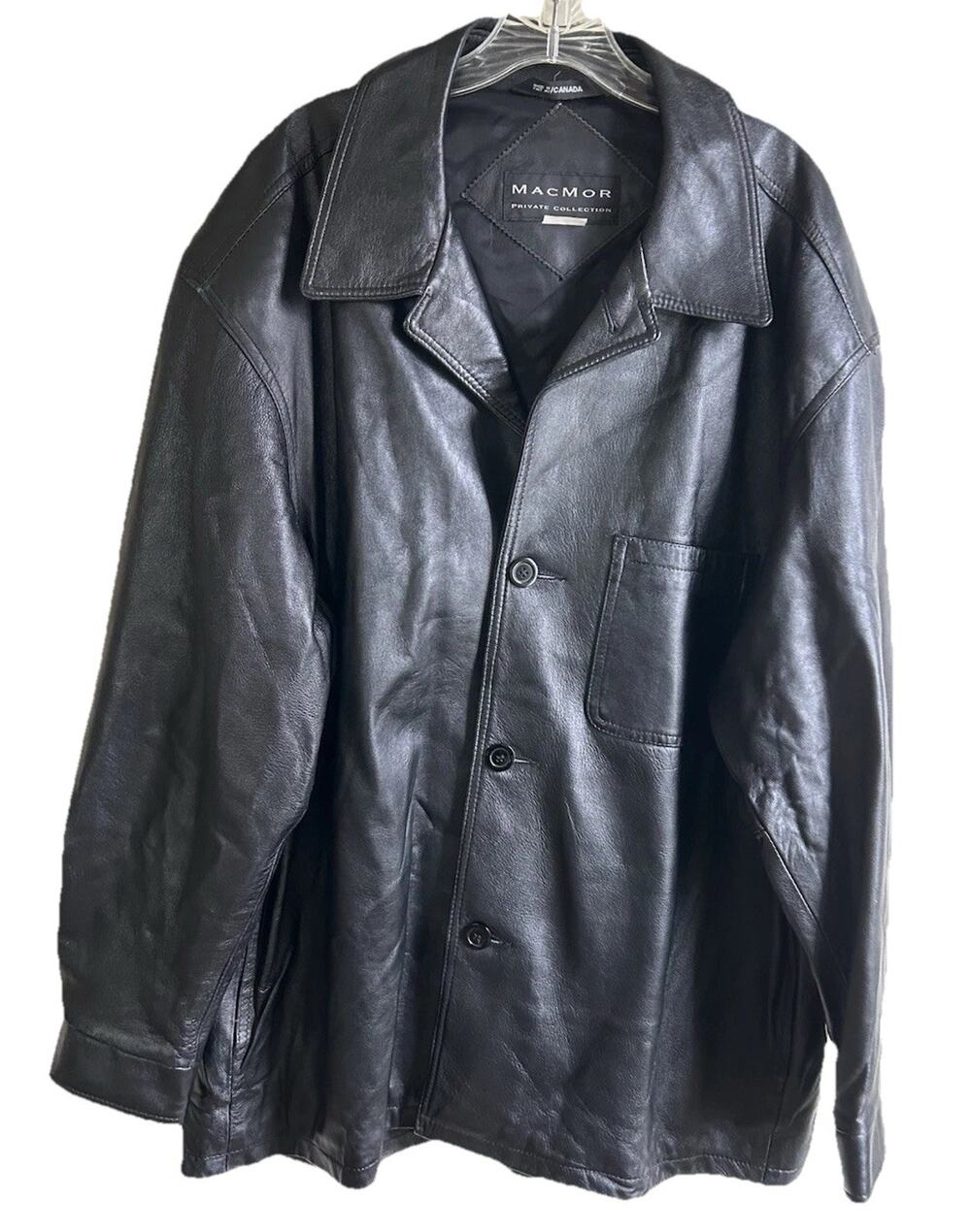 Vintage Macmor Black Leather Car Coat Mens XL Made In Canada 90s Jacket